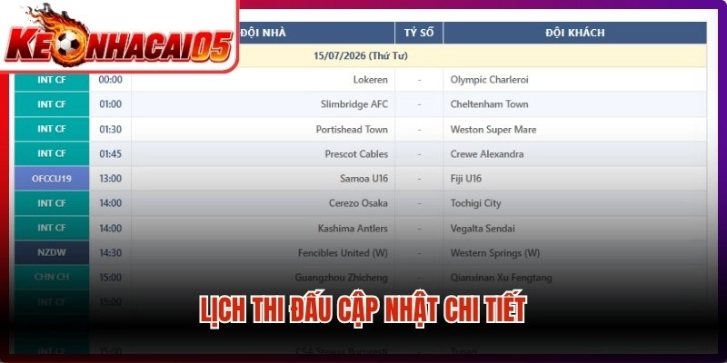 Lịch thi đấu cập nhật chi tiết